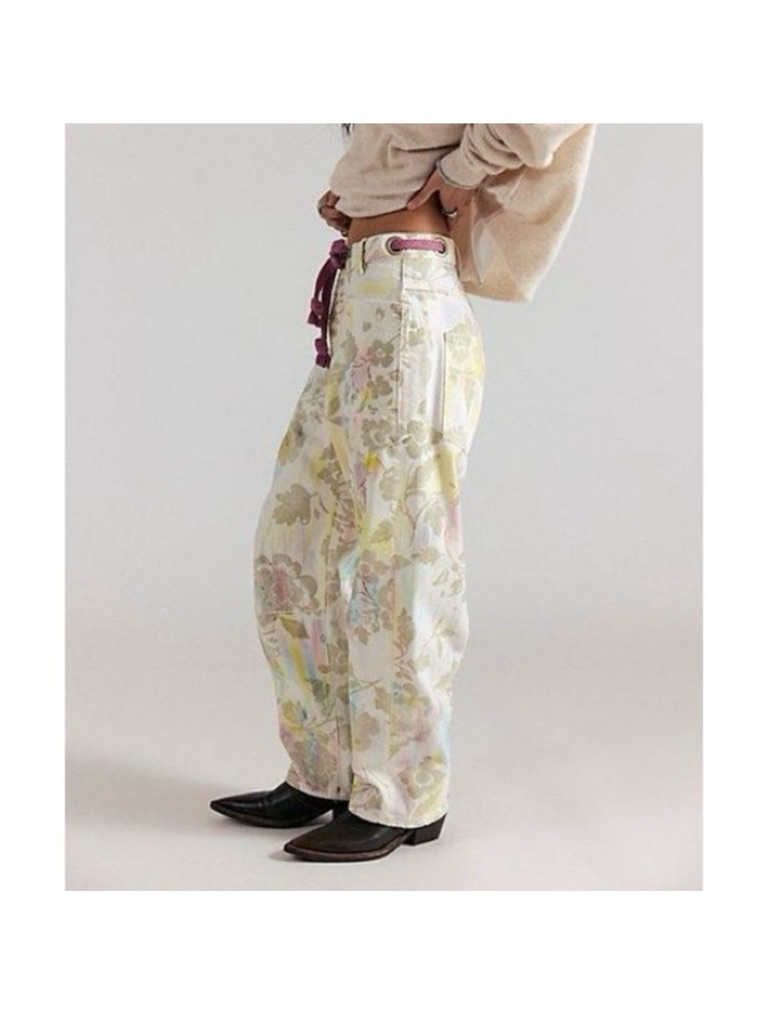 Free People We The Free Moxie Printed Floral Flocked Barrel Jeans